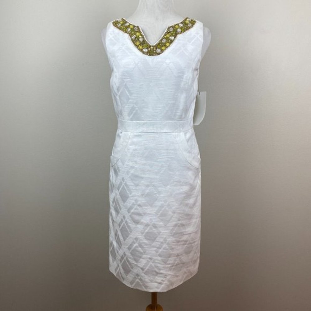 Milly of New York Dress 4 White Beaded Embellished V-Neck Lined Pockets‎ Cotton